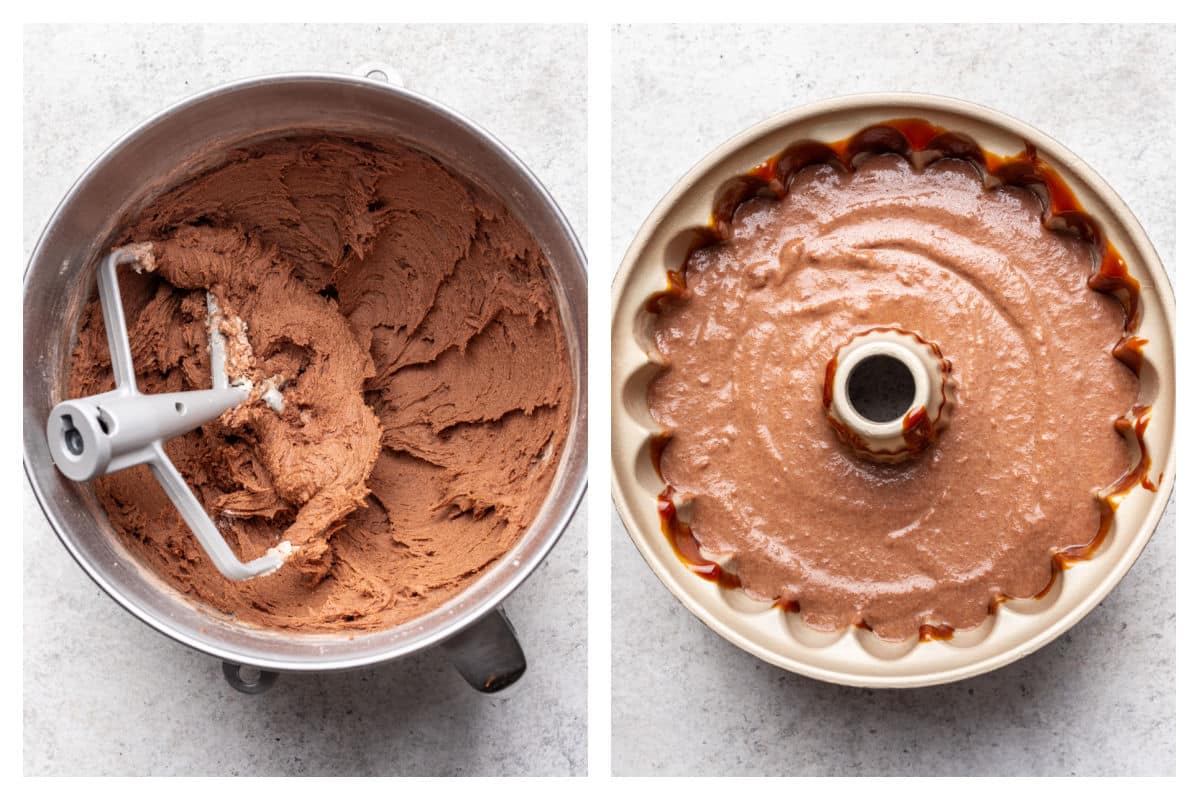 Chocolate cake batter in a mixing bowl next to the batter in a bundt pan.