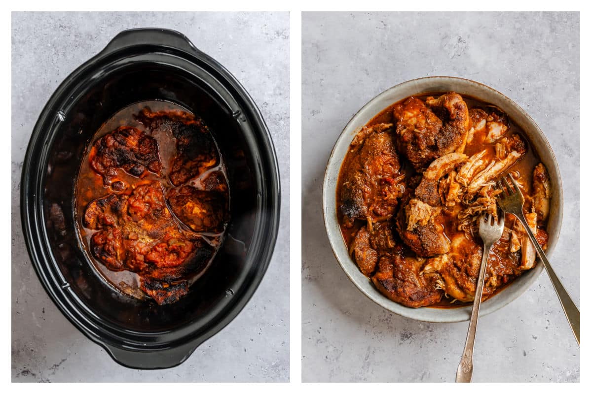 Cooked chicken thighs in a crock pot and chicken getting shredded by forks in a dish. 