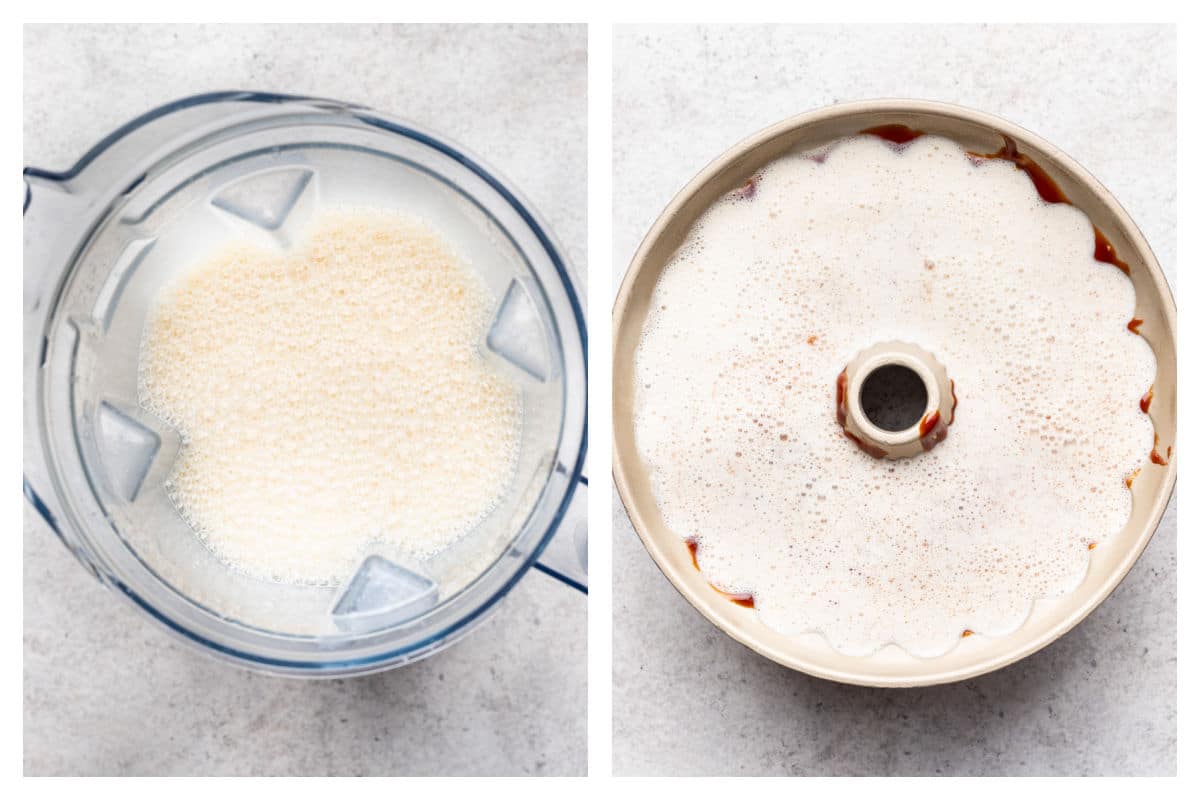 Flan mixture in a food processor next to flan over cake batter in a bundt pan. 