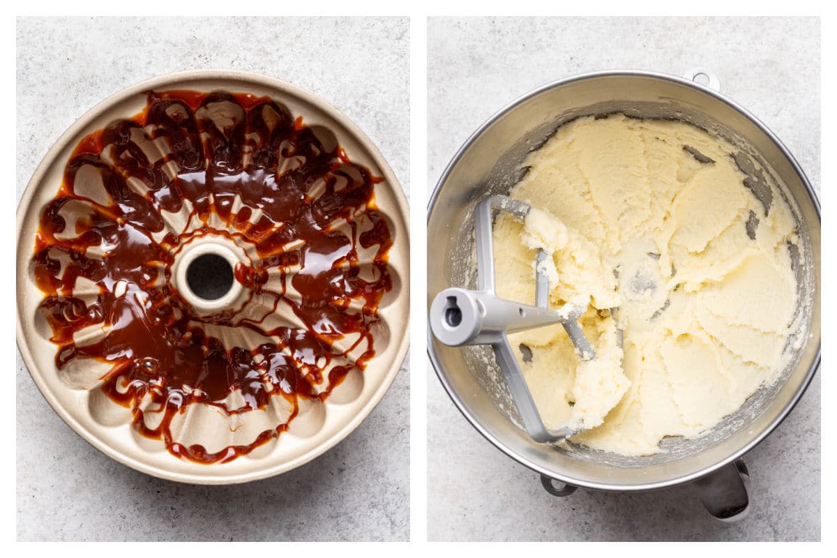 Cajeta in a bundt pan next to creamed butter mixture in a mixing bowl. 