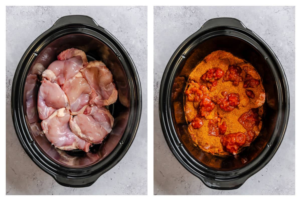 Chicken thighs in a crock pot next to salsa and seasoning on the chicken thighs.