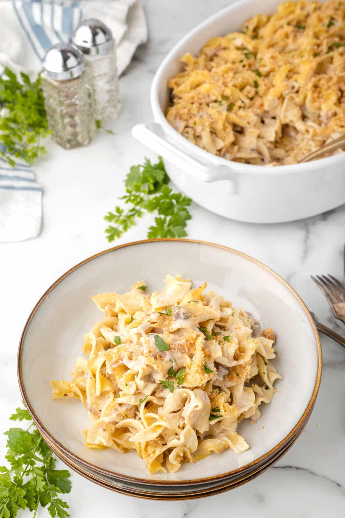 A plate o tuna noodle casserole next to the baking dish.