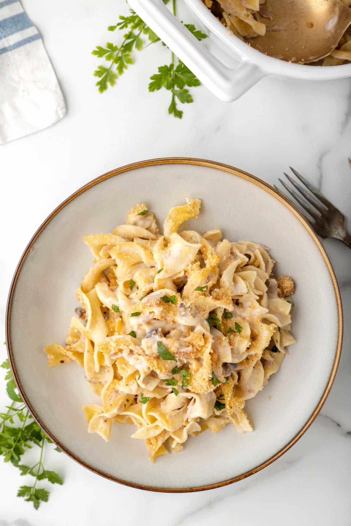 Tuna noodle casserole in a cream dish.