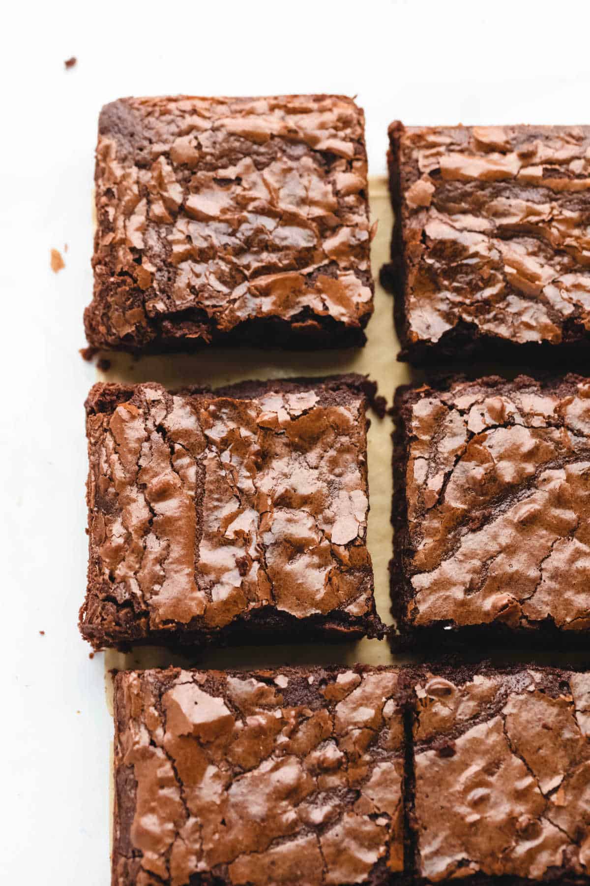 Two rows of cut brownies on parchment paper. 