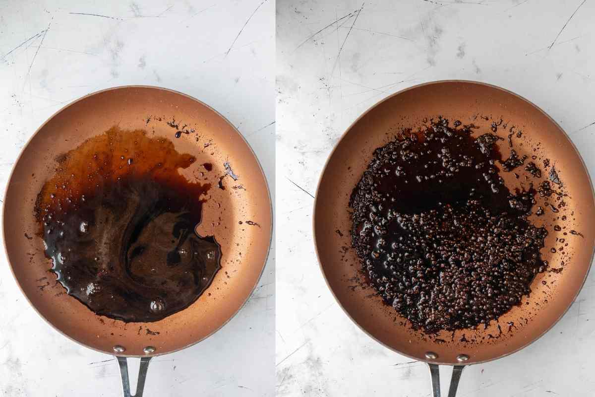 Balsamic vinegar sauce cooking in a skillet.