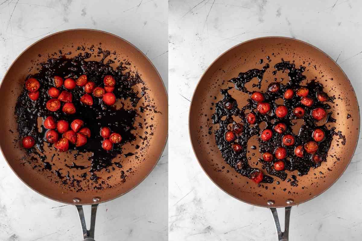 Tomatoes cooking in balsamic sauce.