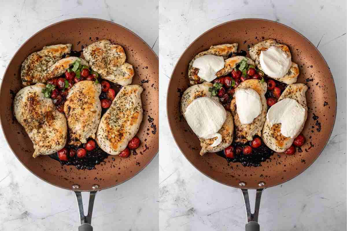 Caprese chicken topped with mozzarella in a skillet.