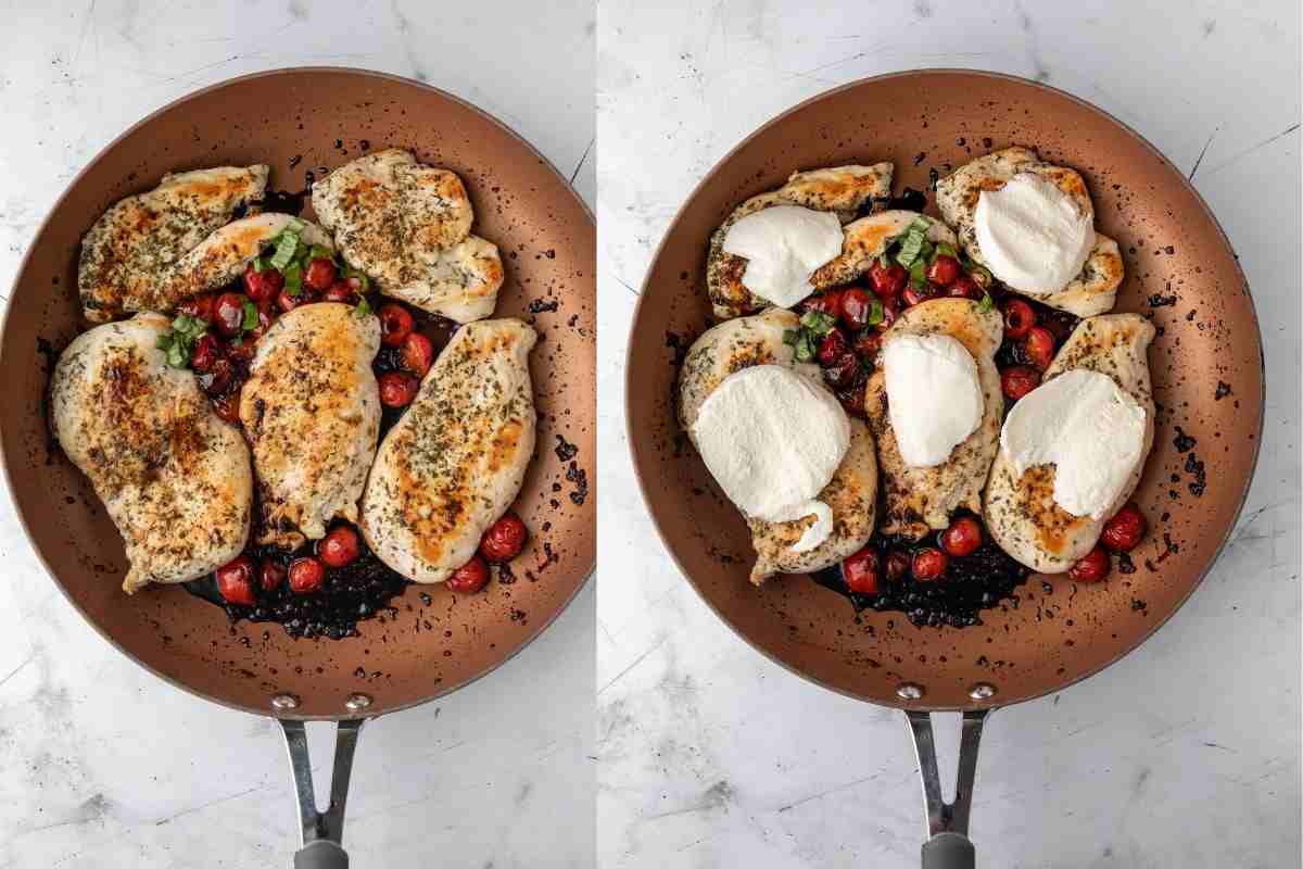 Caprese chicken topped with mozzarella in a skillet. 