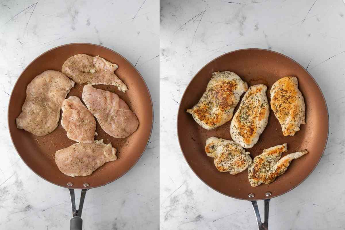 Chicken breast halves cooking in a skillet.