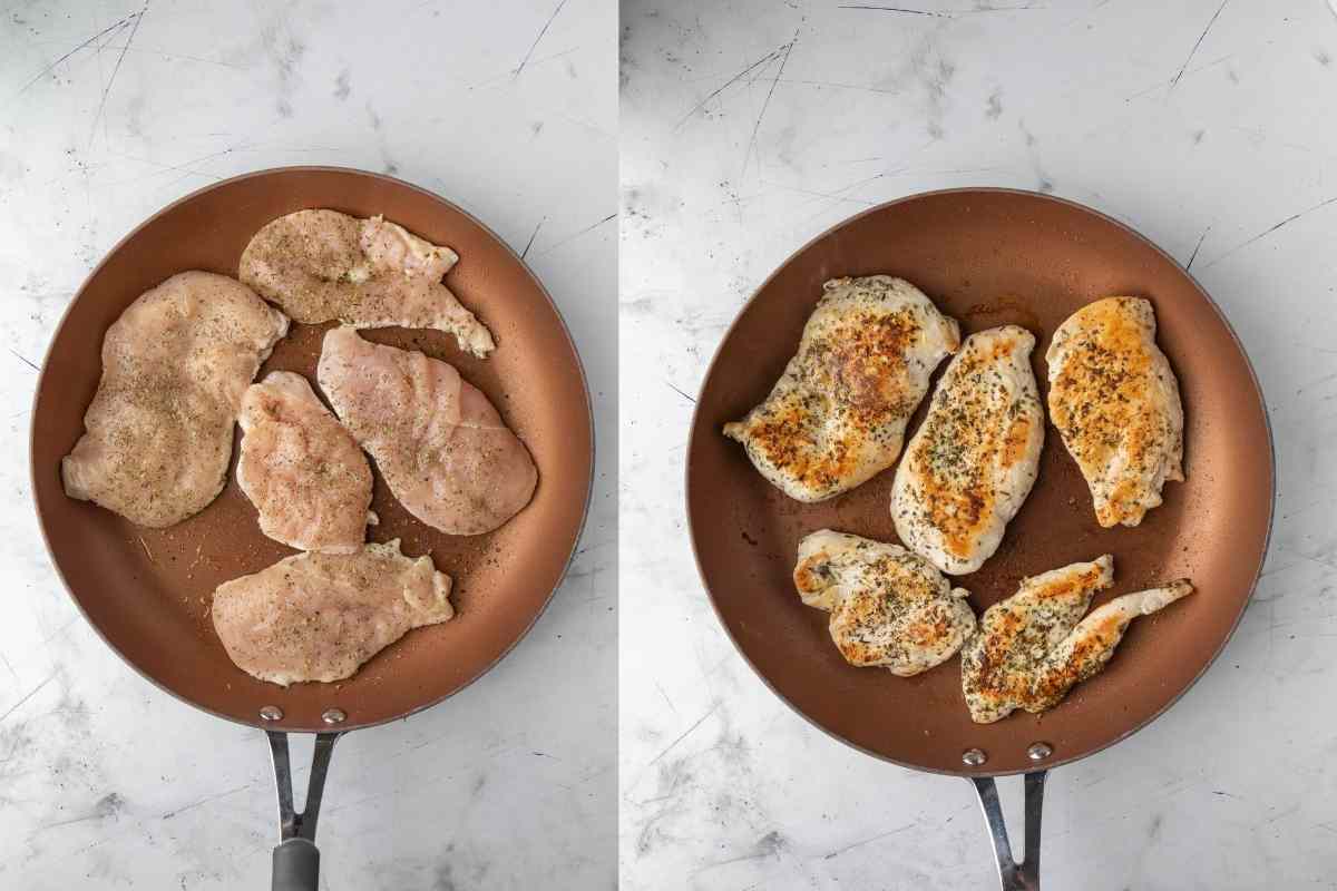 Chicken breast halves cooking in a skillet. 