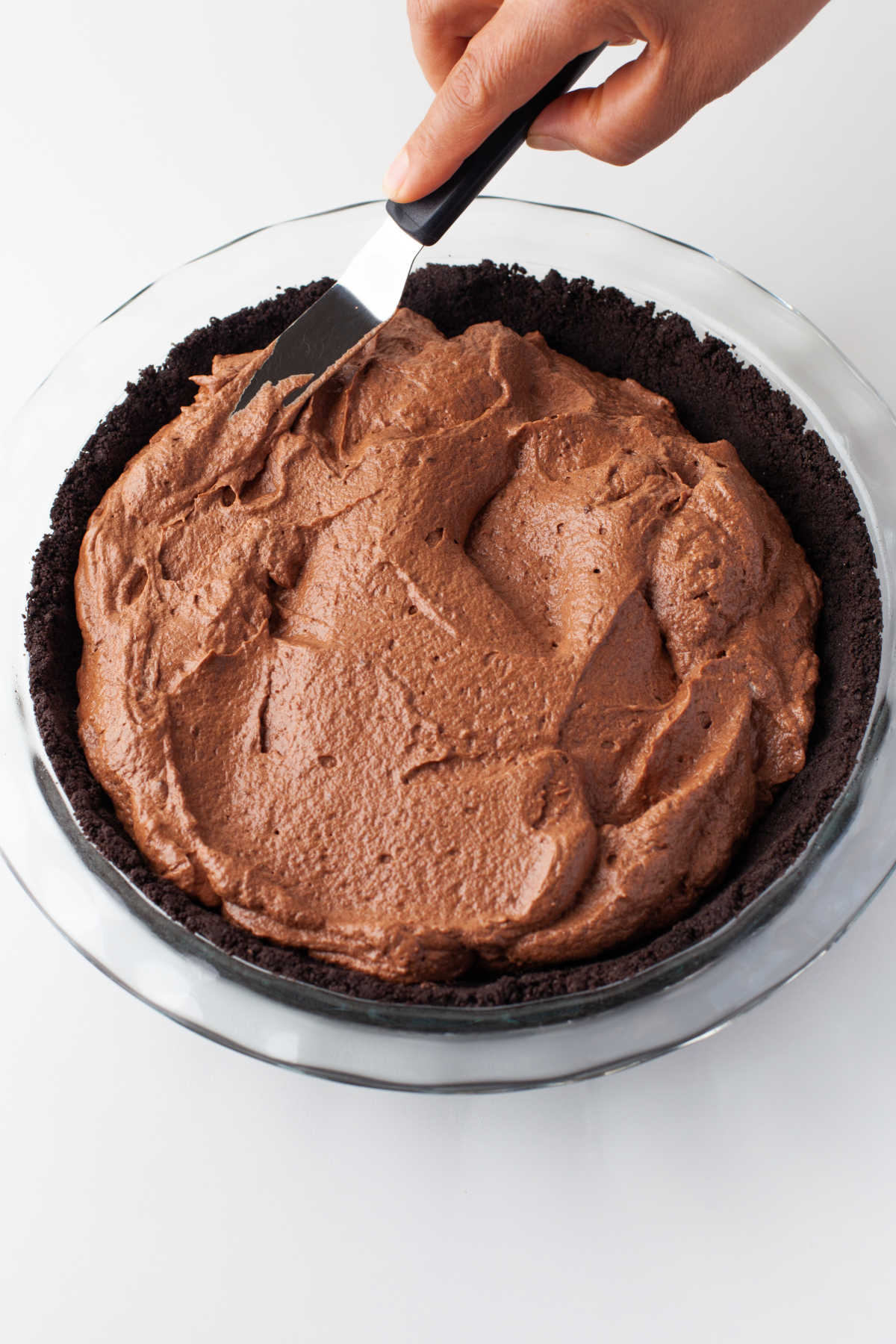 Chocolate filling in a chocolate crust. 