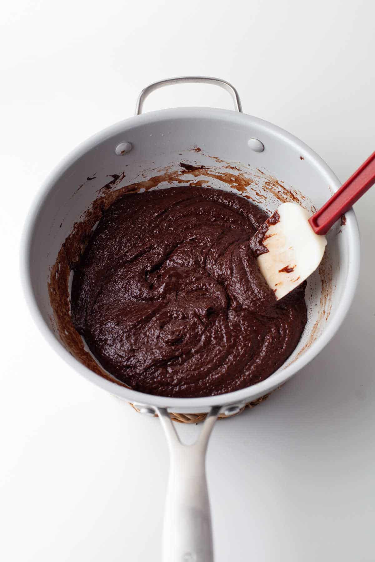 Chocolate melting in a butter mixture.