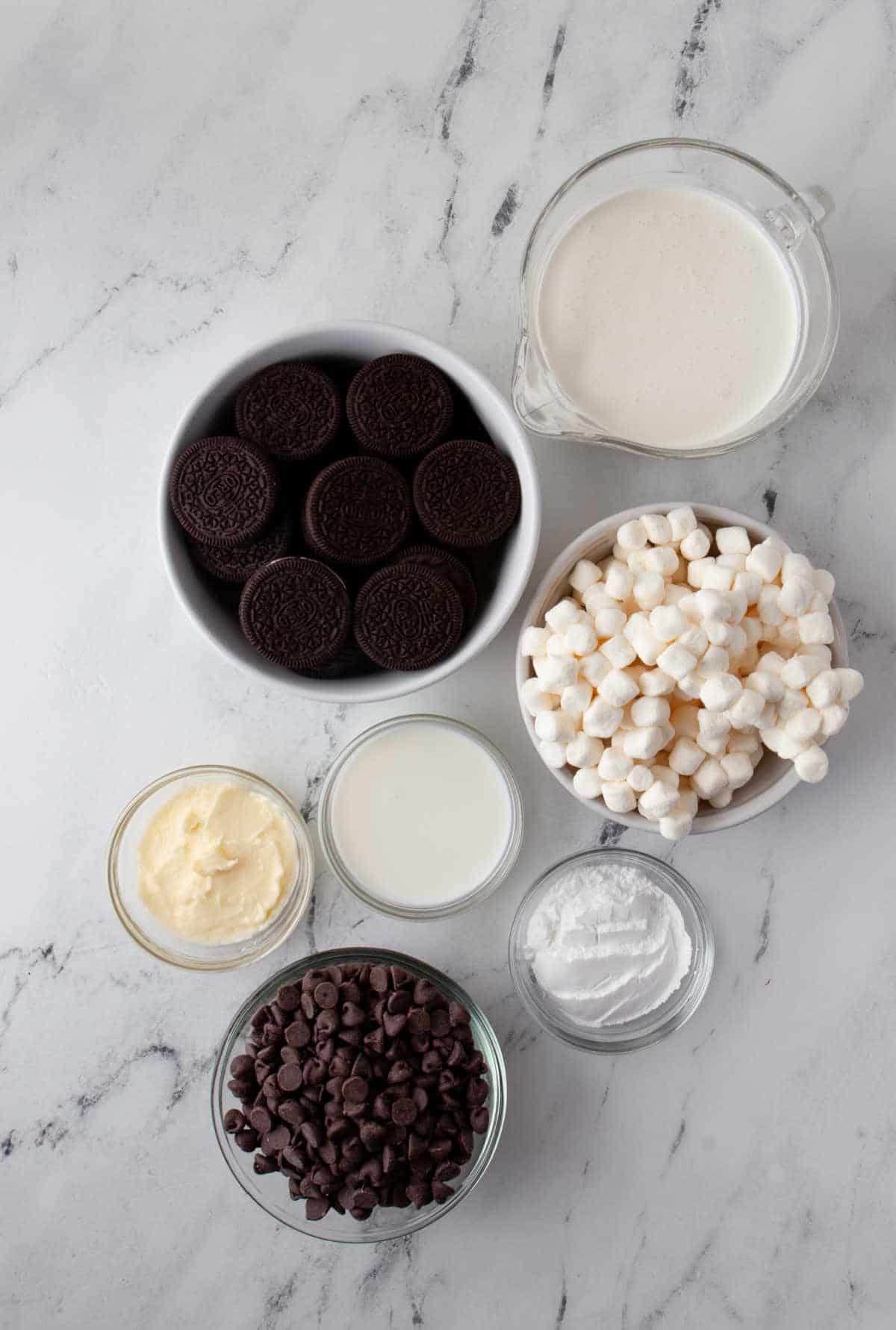 Ingredients for chocolate no bake pie in dishes. 