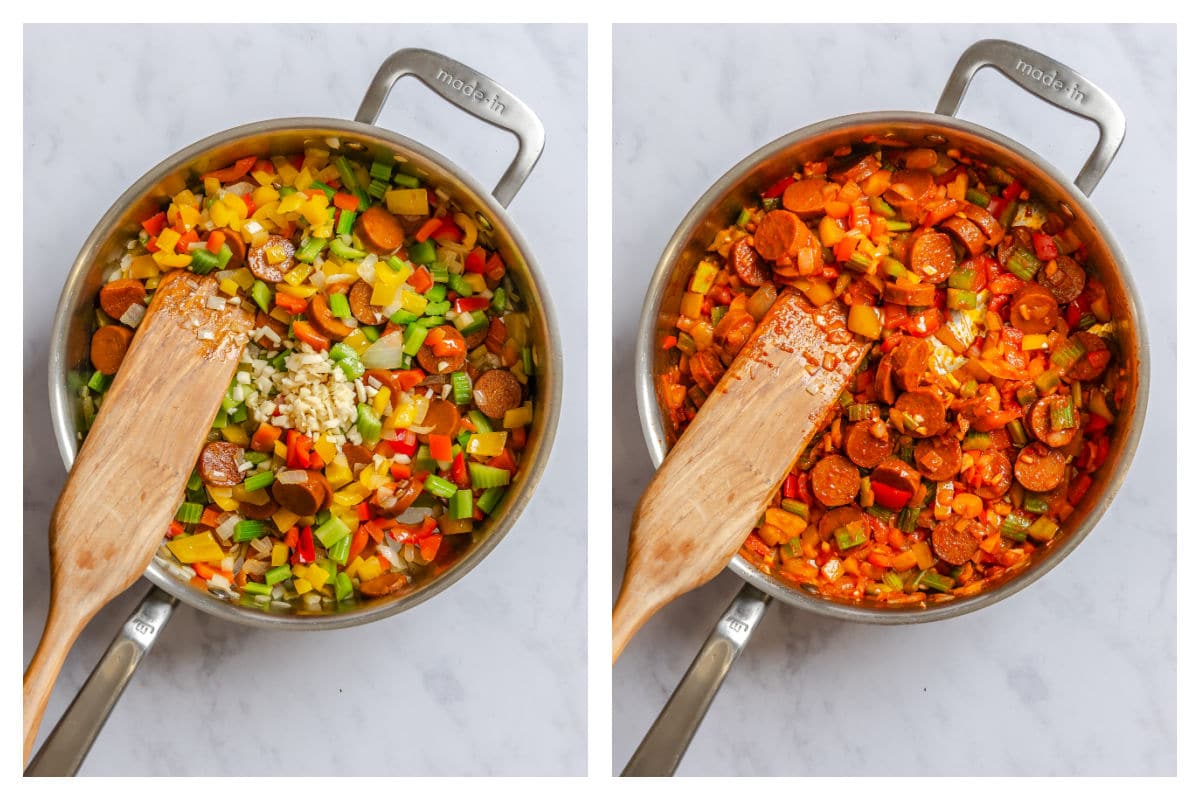 Minced garlic on veggies next to tomato paste stirred in.