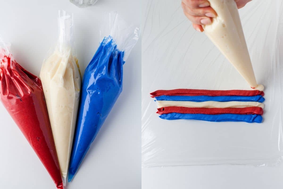 Red white and blue frostings in piping bags. 