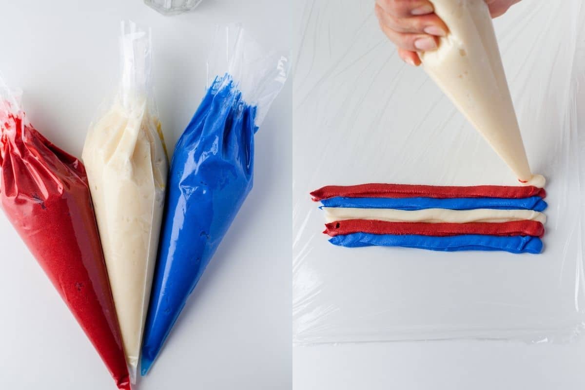 Red white and blue frostings in piping bags.