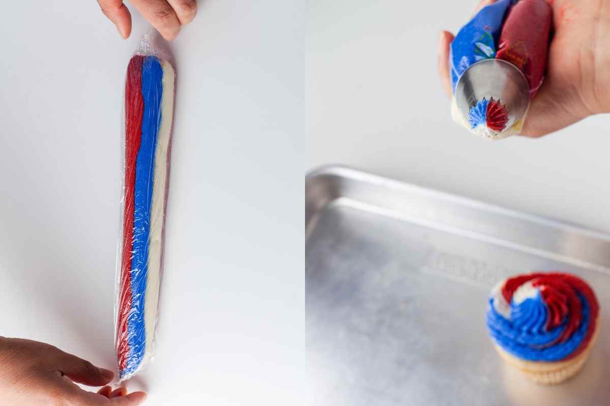 Rolled up cylinder of frosting and a piping bag with a star tip filled with red white and blue frosting.