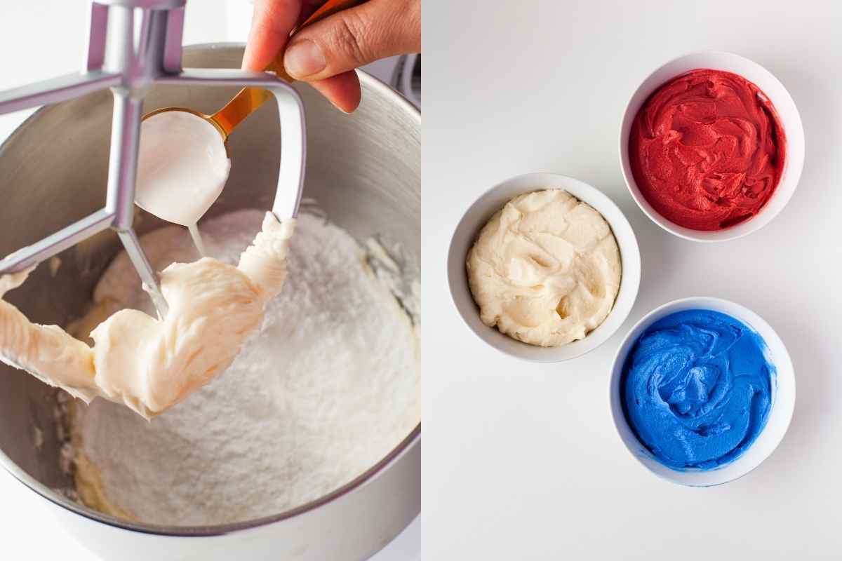 Heavy cream pouring into butter and powdered sugar and three bowls of colored frosting.