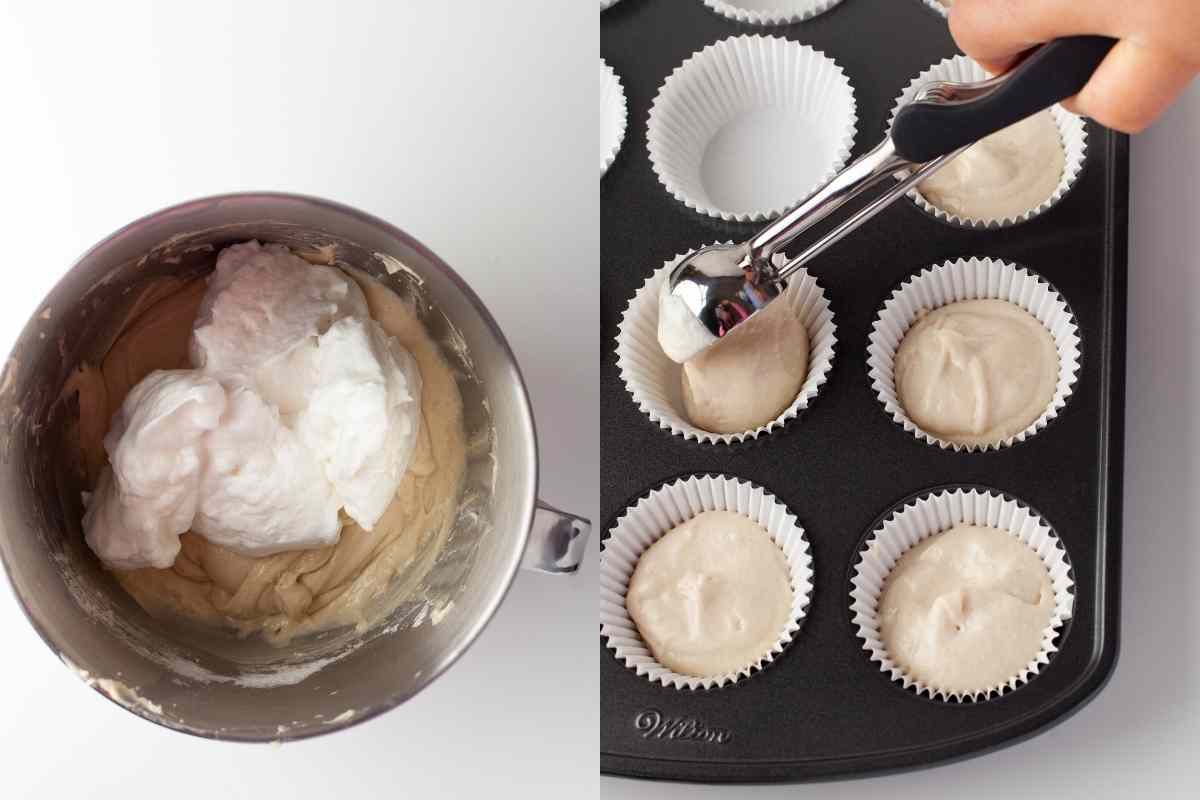 Egg whites on cake batter and scooping cake batter into a muffin tin.