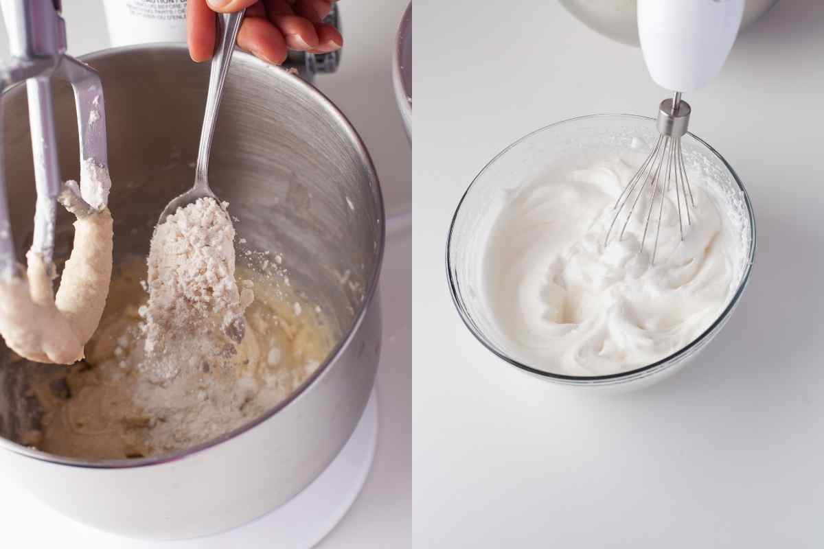 Flour pouring into dry ingredients and a beater whipping egg whites.