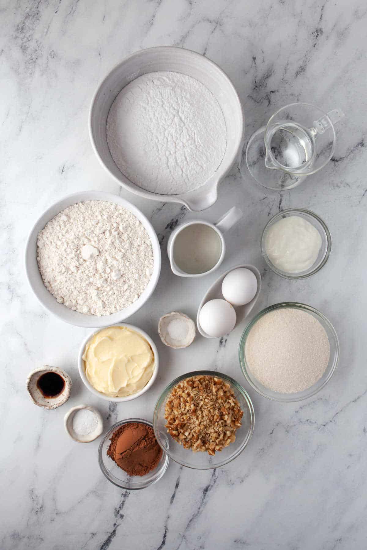 Ingredients for Texas sheet cake in dishes. 