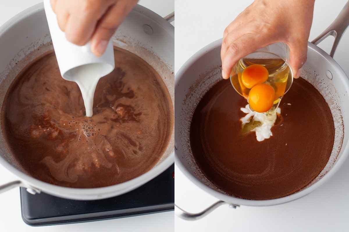 Buttermilk pouring into a pot and eggs and yogurt in the saucepan.