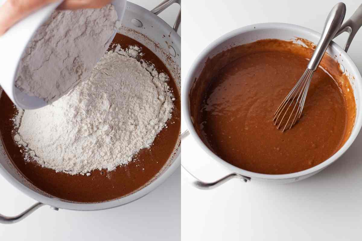 Dry ingredients pouring into chocolate mixture and Texas sheet cake batter in a saucepan.