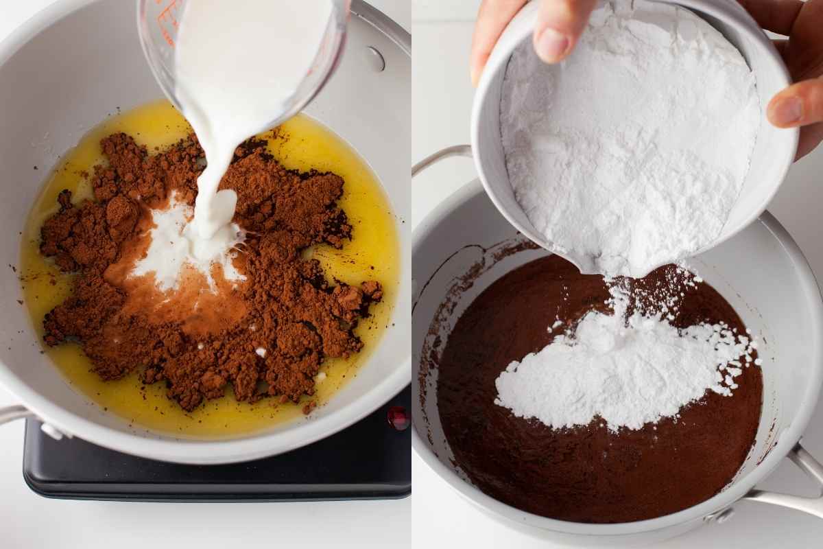 Buttermilk pouring into butter and cocoa powder and powdered sugar pouring into cocoa mixture. 