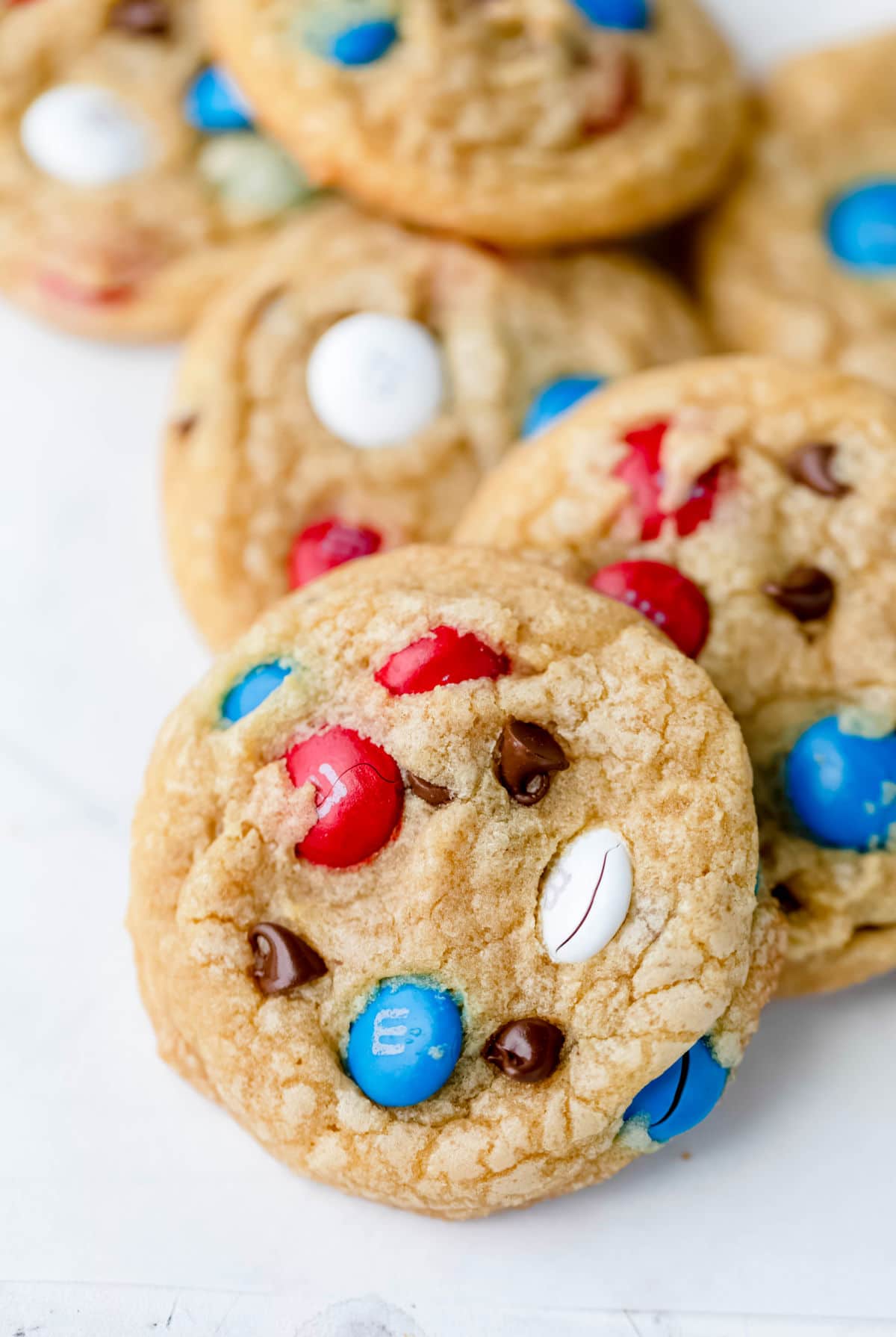 A stack of patriotic 4th of July M&M cookies. 