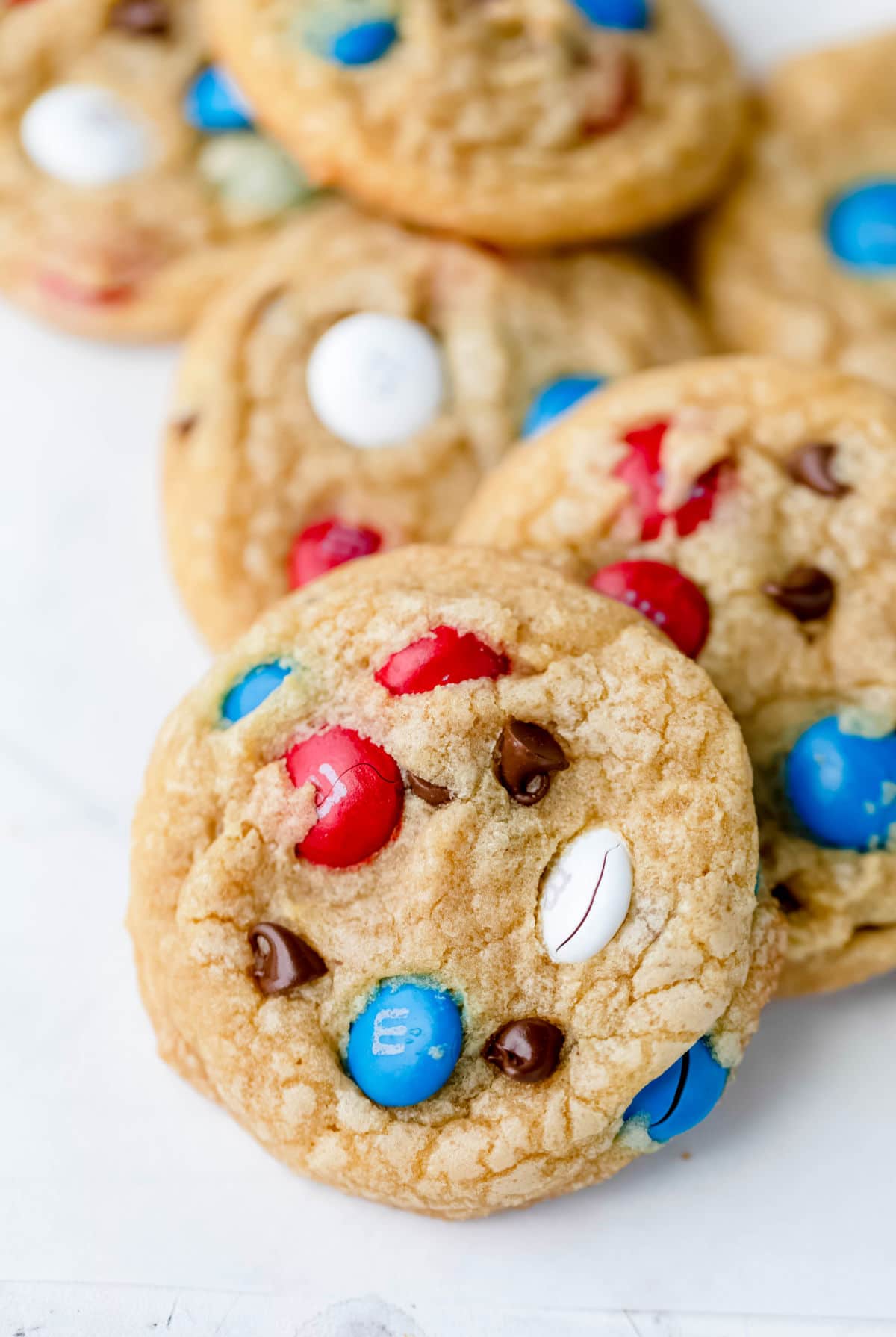 A stack of patriotic 4th of July M&M cookies.