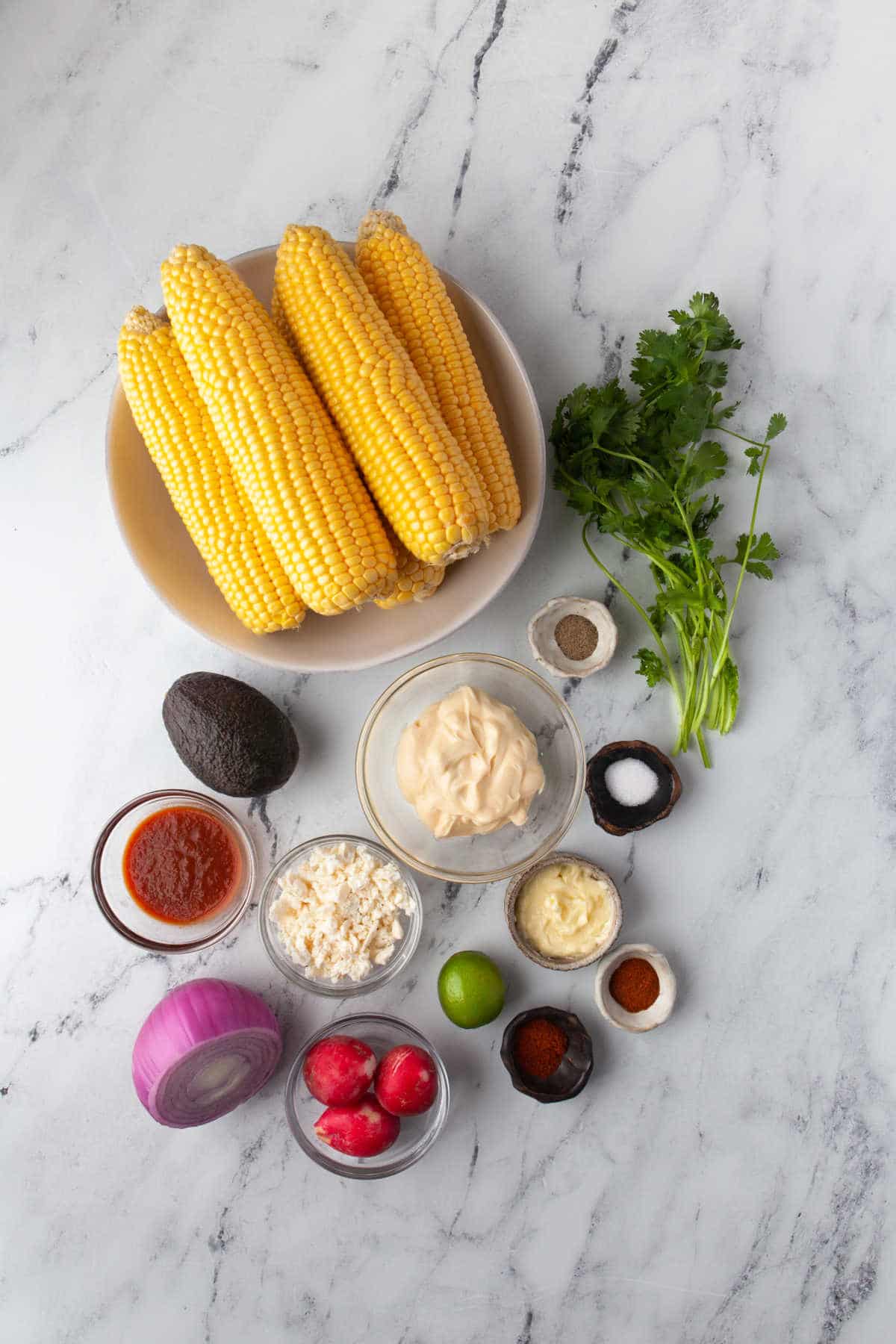 Ingredients for Mexican street corn salad in dishes. 