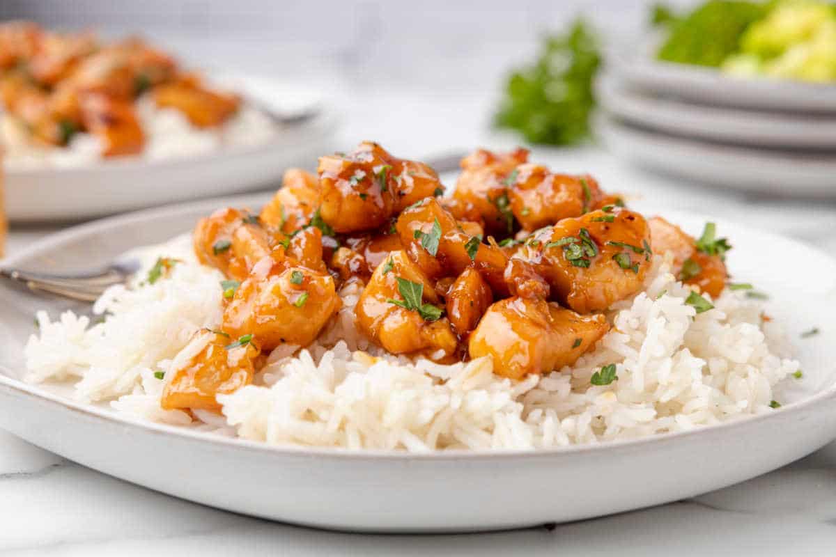 A dish of honey garlic chicken over rice on a white plate. 