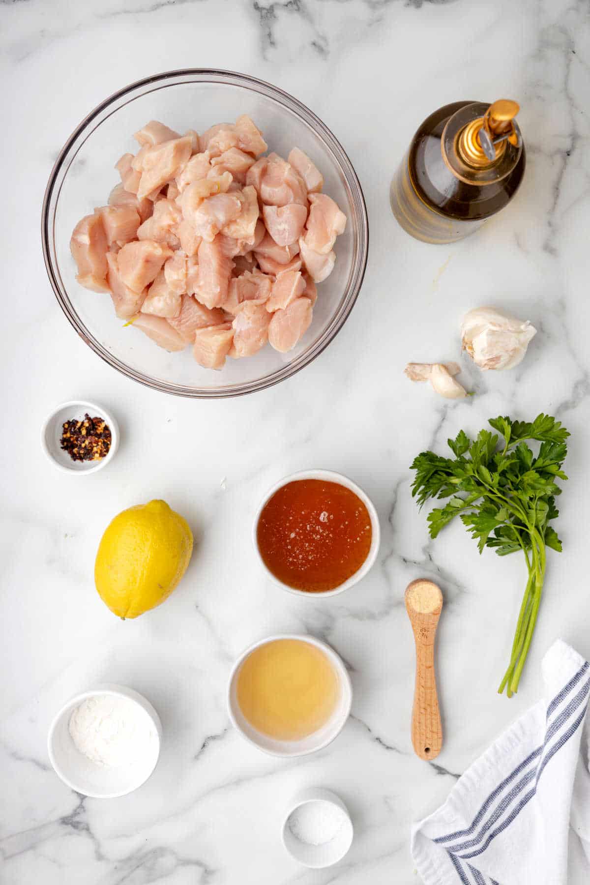 Ingredients for honey garlic chicken in dishes. 