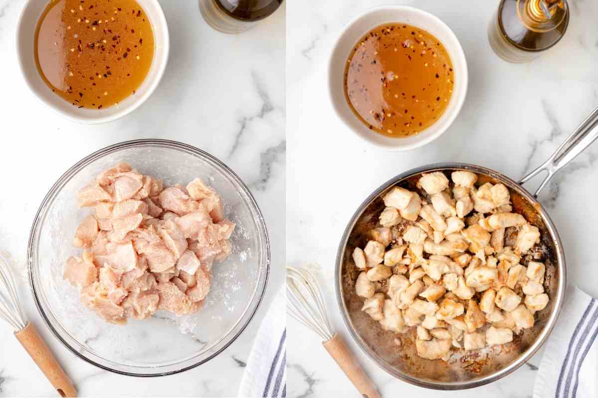 Chicken pieces in cornstarch and chicken cooking in a skillet. 