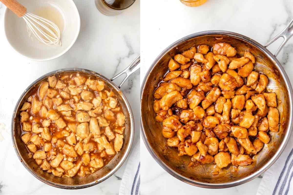 Honey garlic chicken cooking in a skillet. 