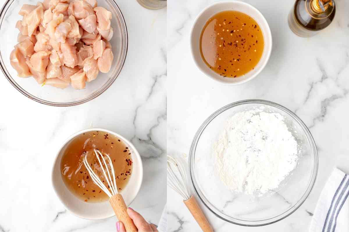 A whisk stirring honey sauce and cornstarch in a bowl. 