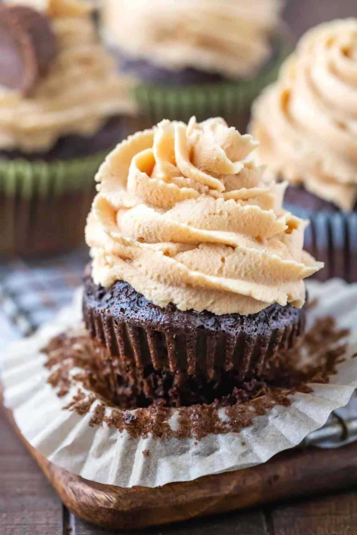 Peanut butter frosting on a chocolate cupcake.