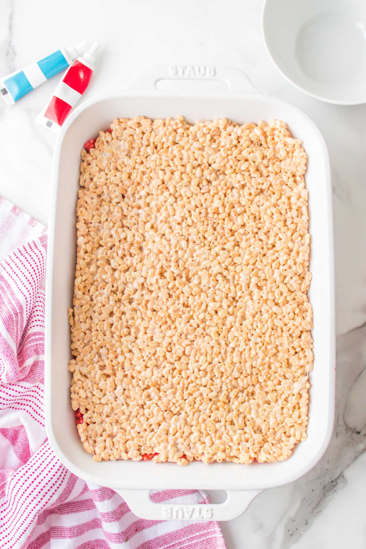 Plain rice krispies treats in a pan.