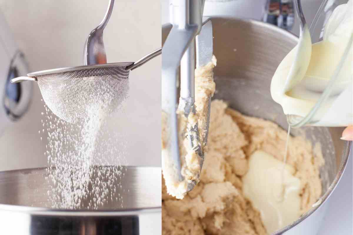 Flour and white chocolate pouring into a mixing bowl. 