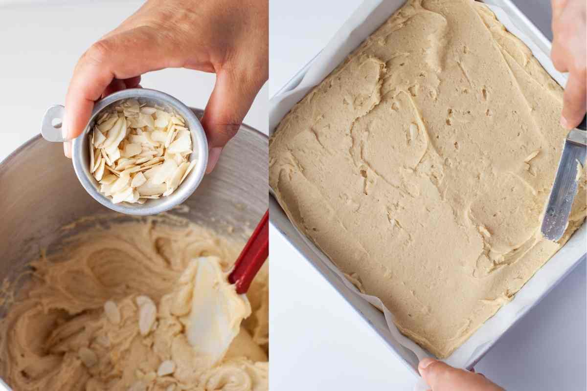 Sliced almonds pouring into batter and batter spreading into a pan.