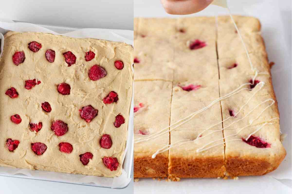 Raspberries on blondie batter and white chocolate drizzling onto blondies. 