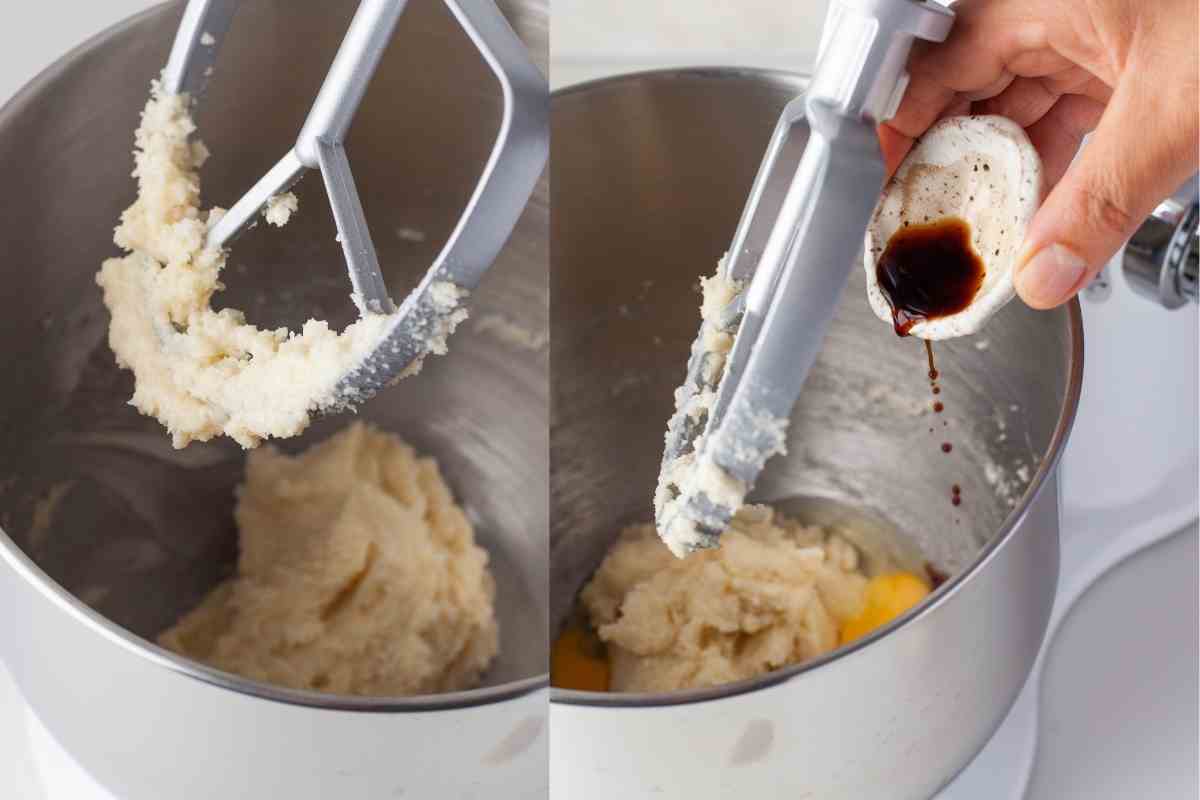 Creamed butter and sugar and eggs and vanilla in a mixing bowl. 