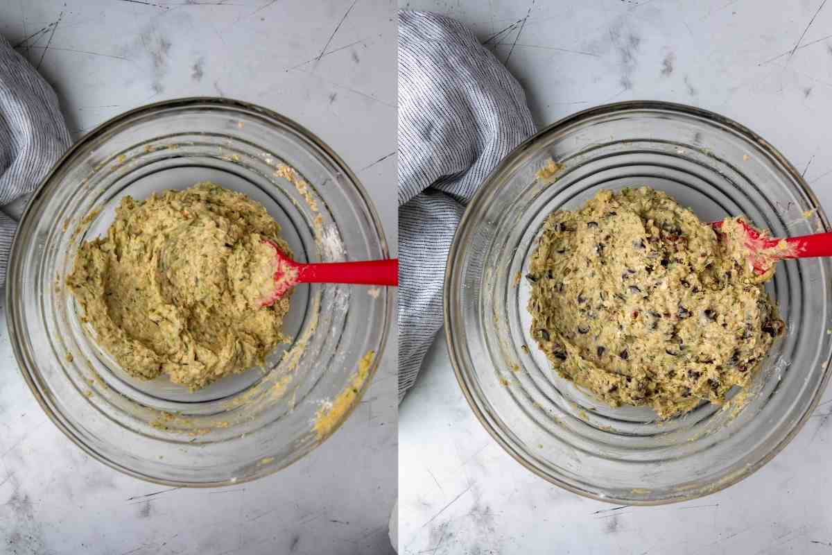 Side by side photos of zucchini cookie dough and dough with chocolate chips mixed in.