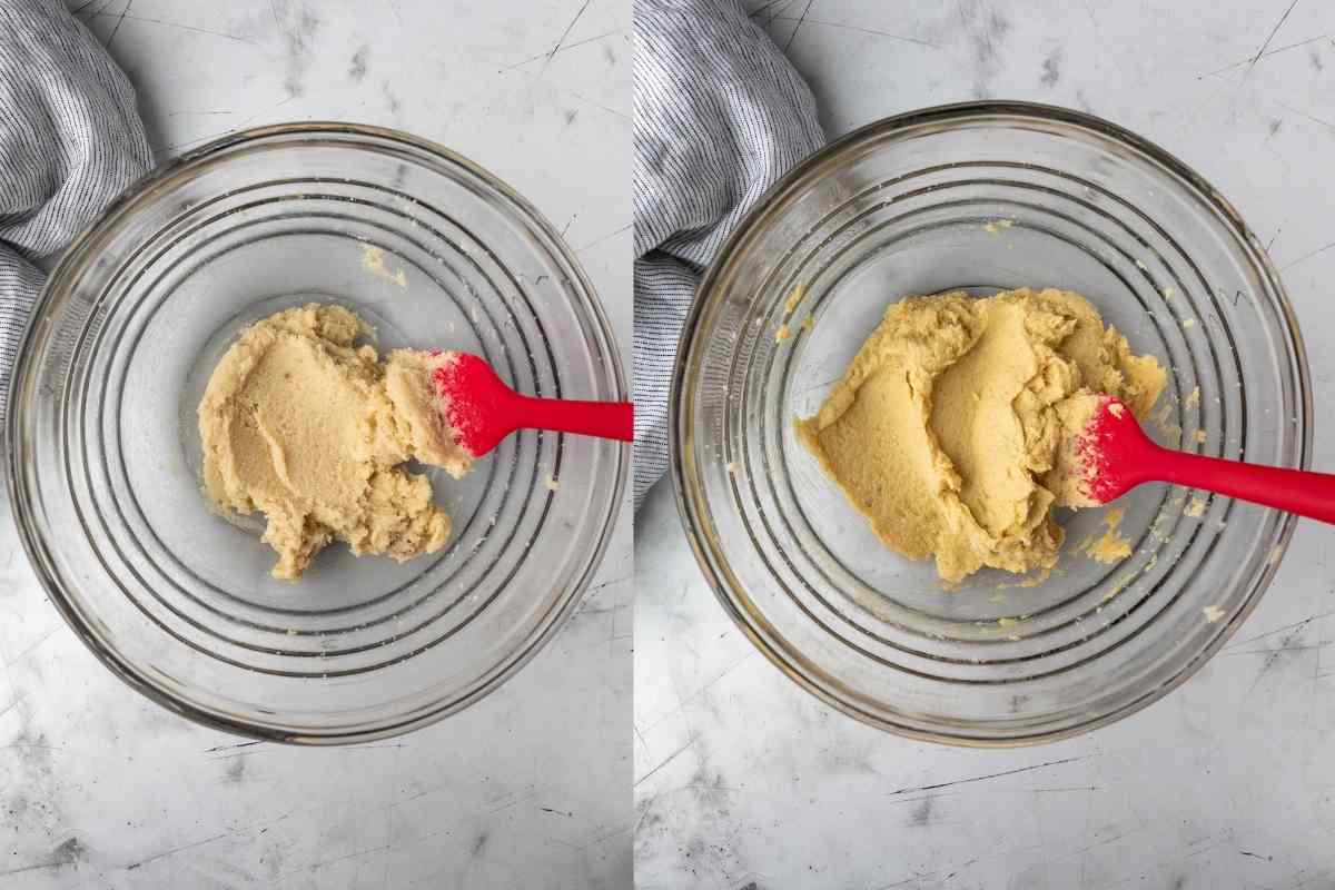 Creamed butter and sugar in a glass mixing bowl.