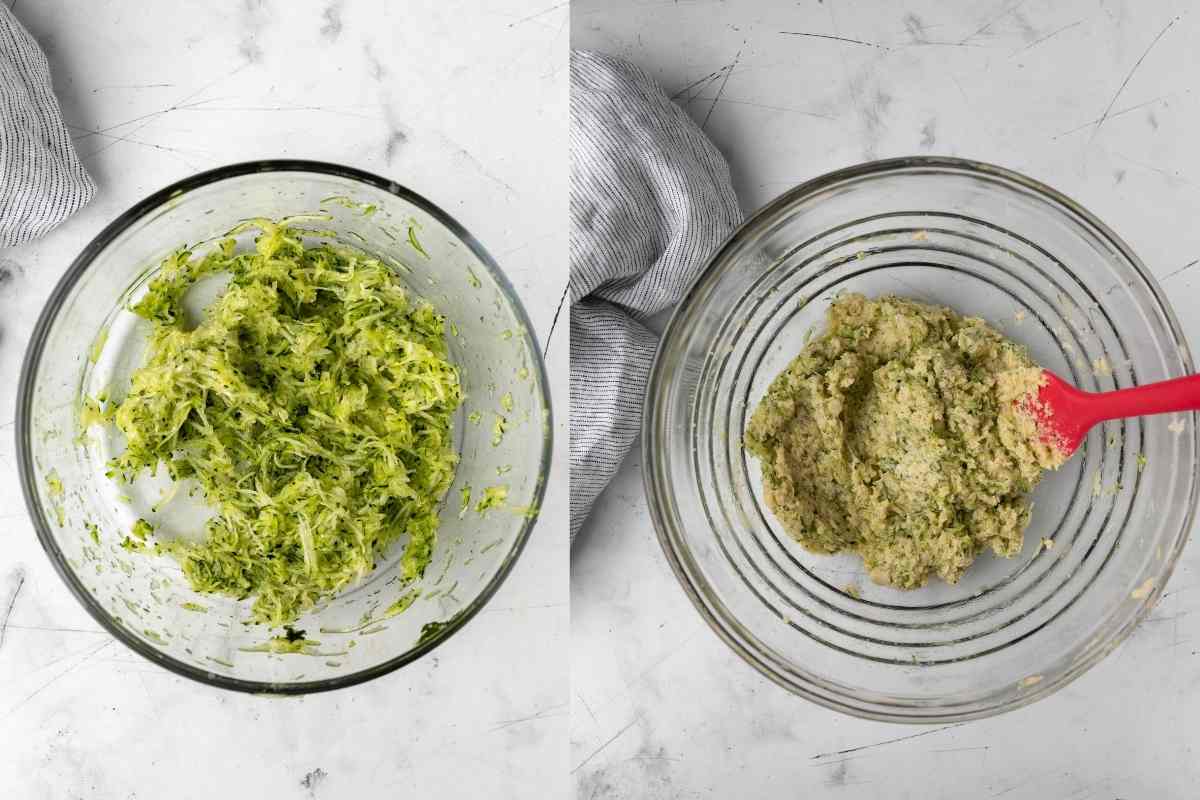 A bowl of shredded zucchini and zucchini in cookie dough.