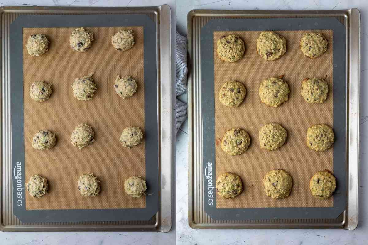 Side by side photos of unbaked and baked chocolate chip zucchini cookies.