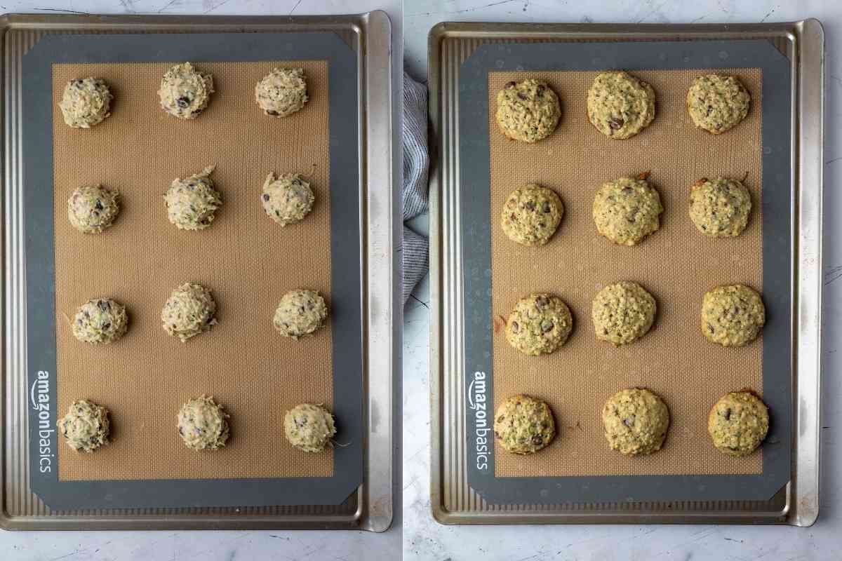 Side by side photos of unbaked and baked chocolate chip zucchini cookies.