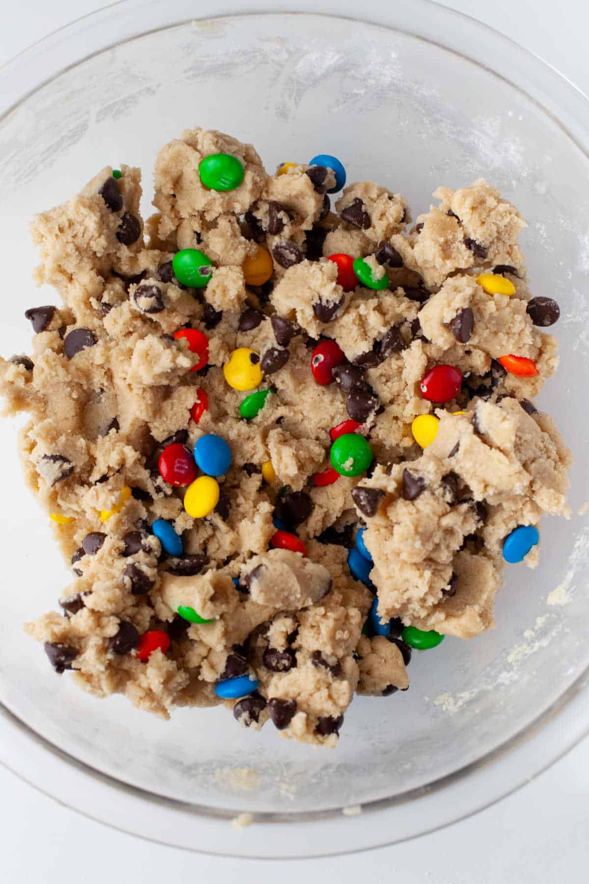 Cookie dough with M&Ms and chocolate chips. 