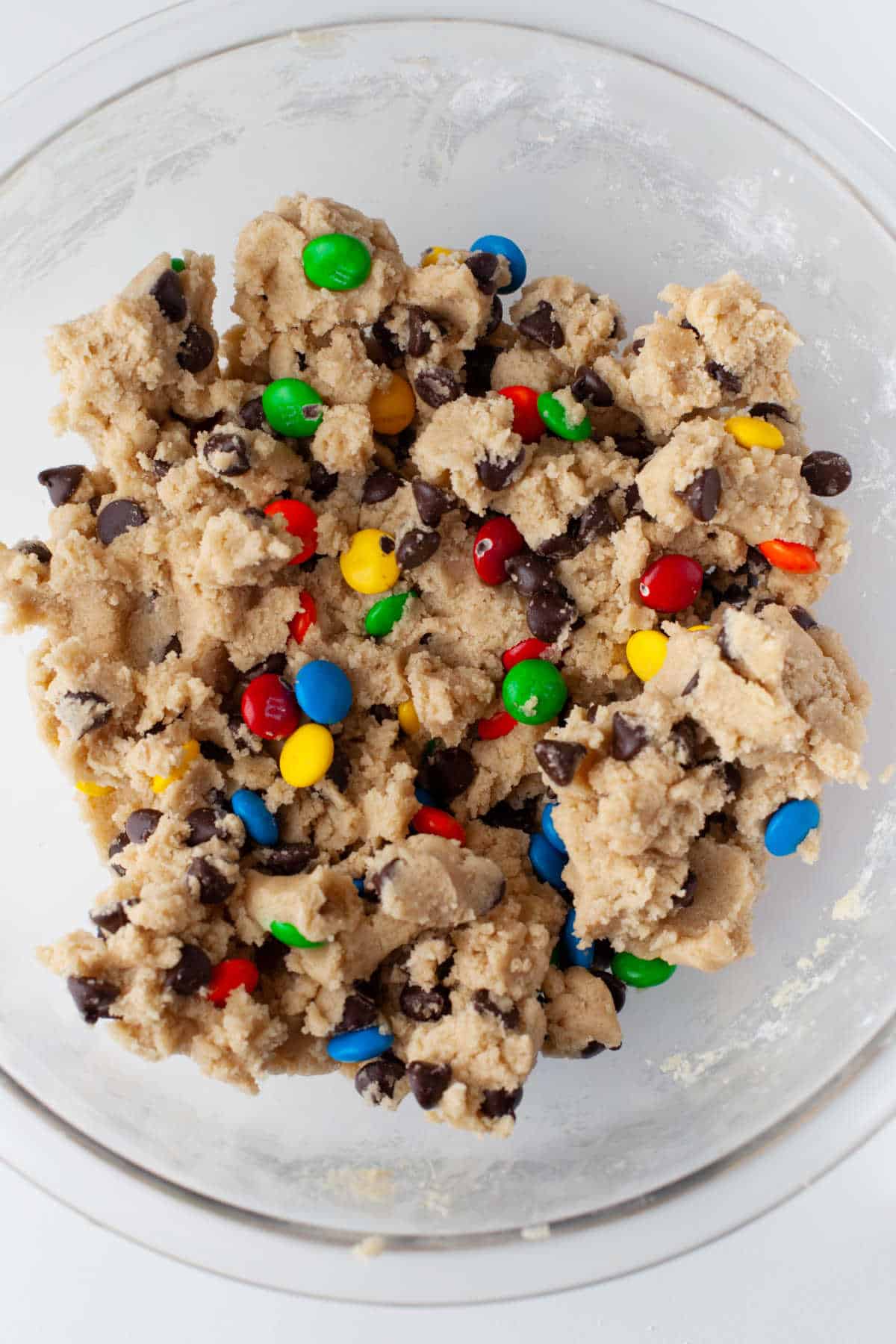Cookie dough with M&Ms and chocolate chips.
