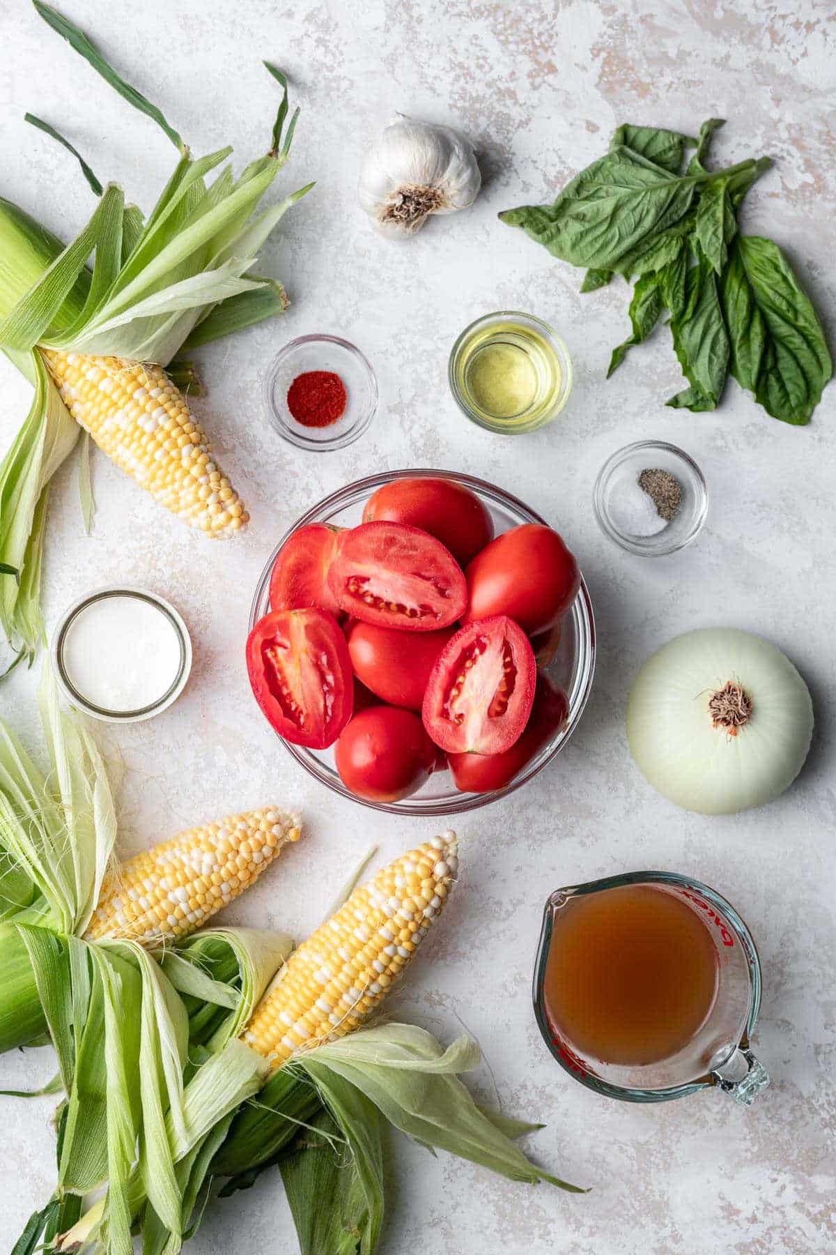 Ingredients for roasted tomato and corn soup. 